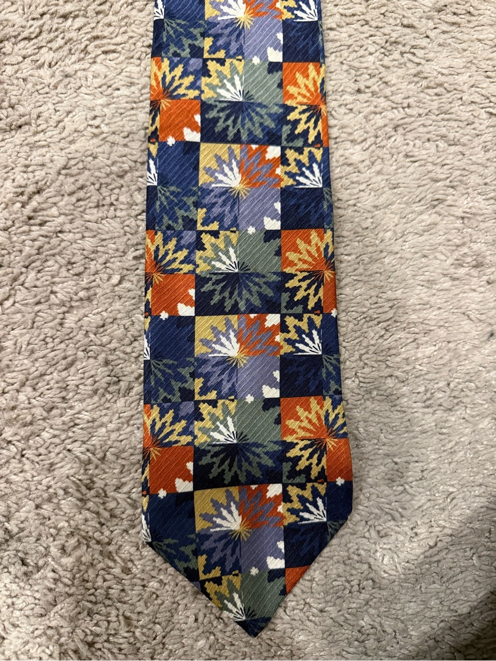 Jhane Barnes 100% Silk Tie Geometric Abstract Navy Rust Made in Japan